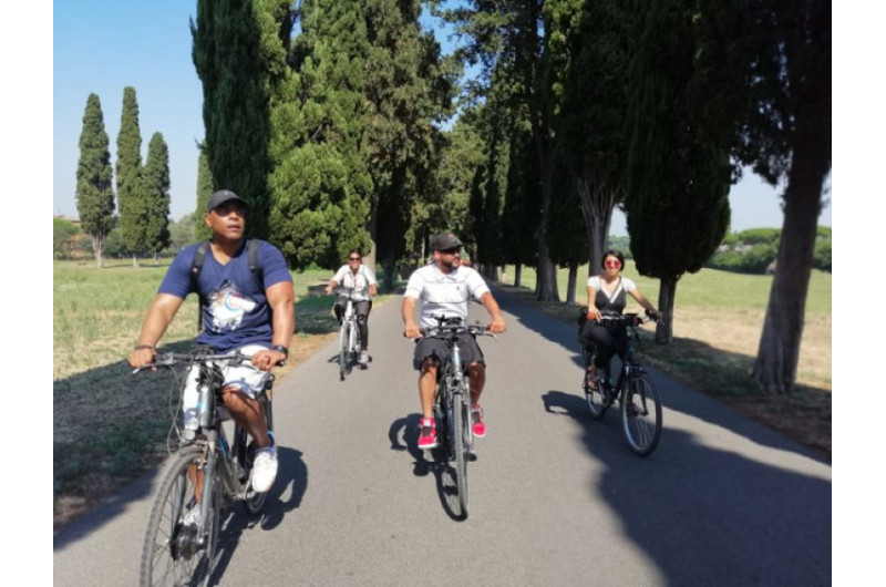 Groupe de personnes à vélo parmi les cyprès